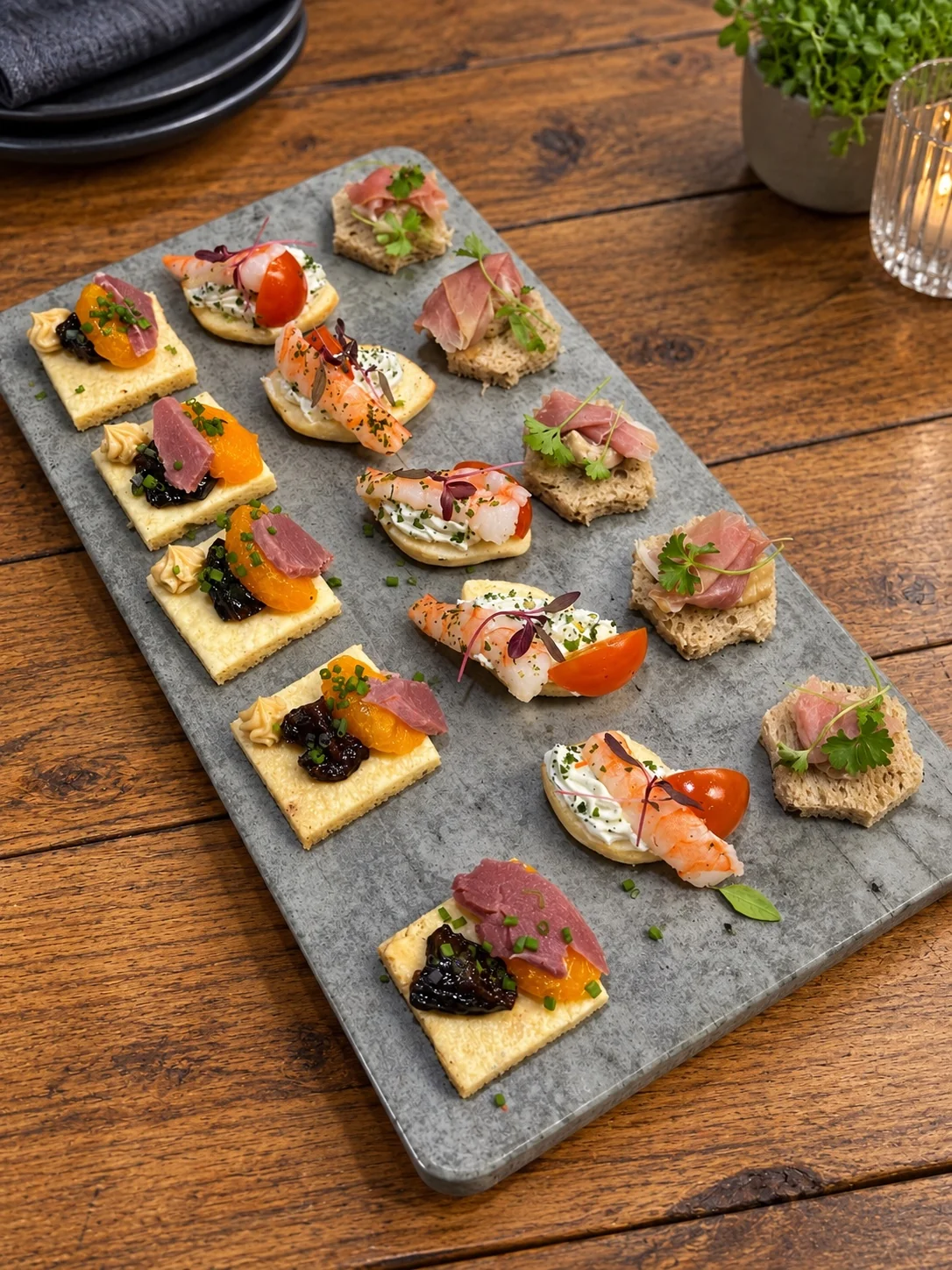 Premium savoury canapés arranged on a serving platter